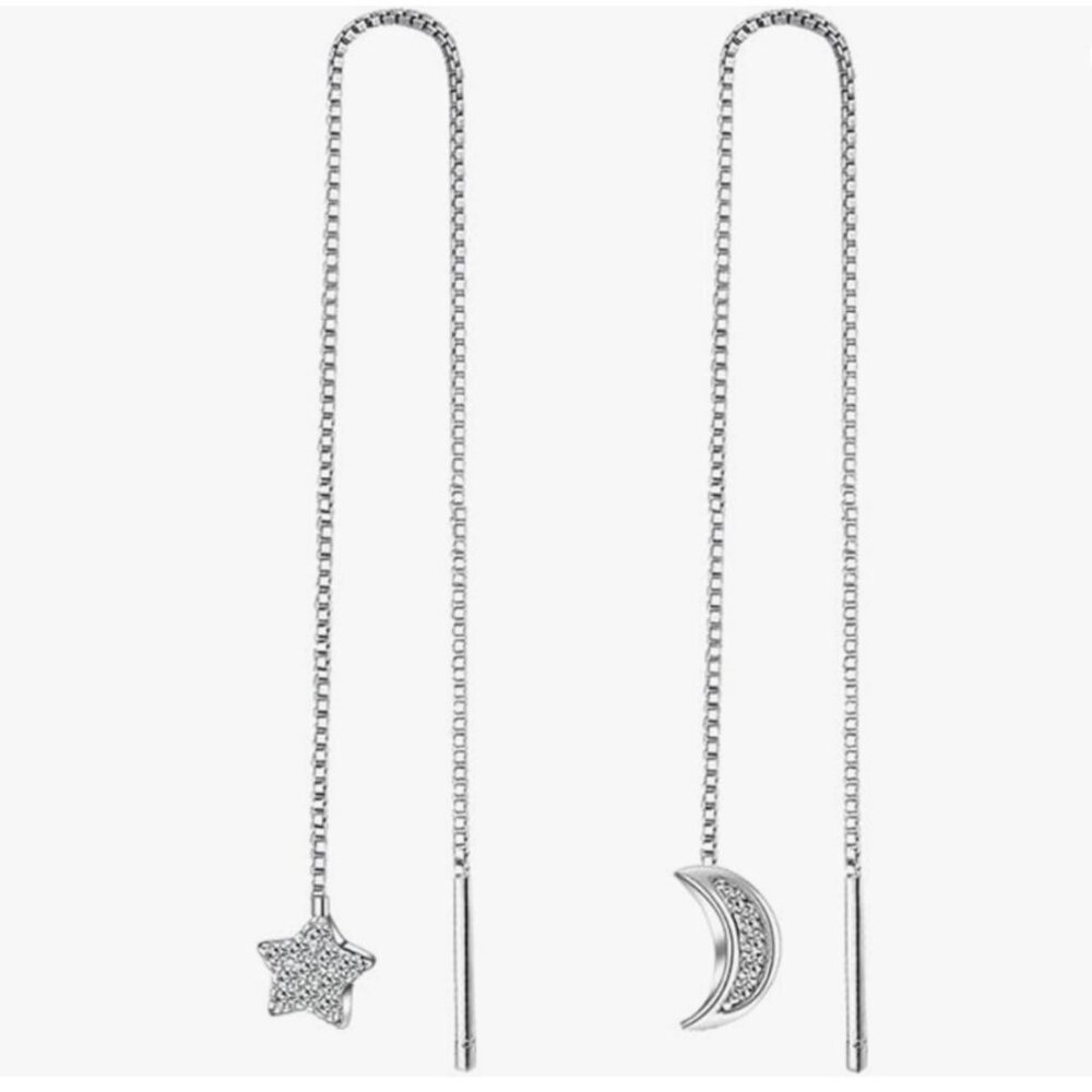 Brand new sterling silver threader moon and star celestial earrings